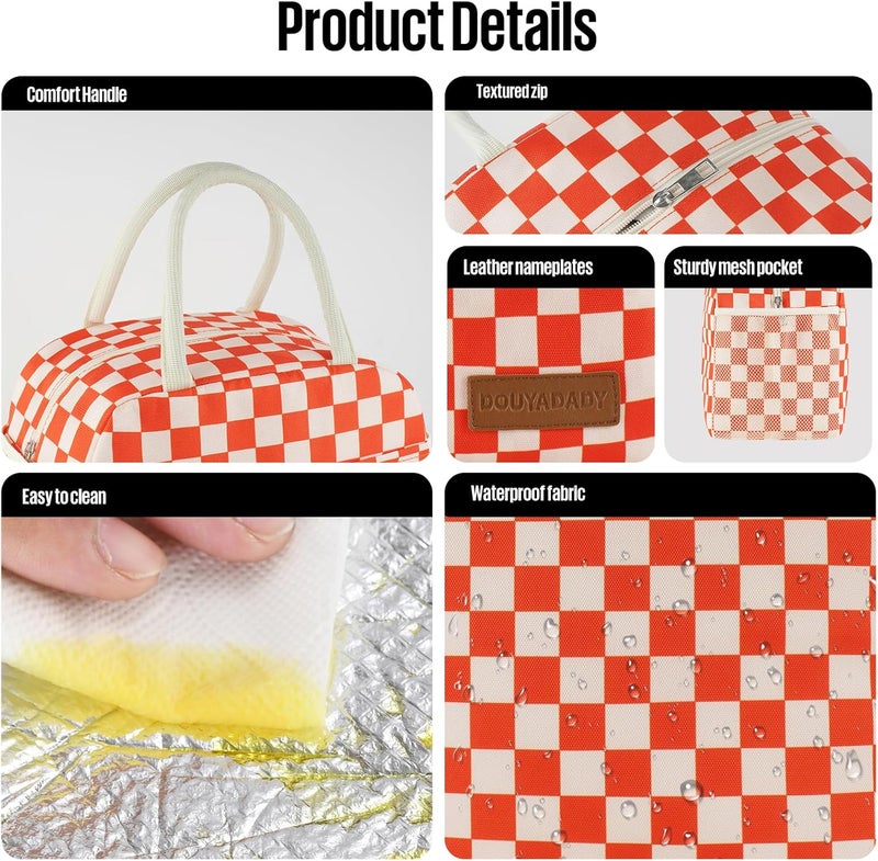 douyadady Lunch Bag Women/Men Lunch Box Women/Men (Red+Beige Checkerboard) - Image 4